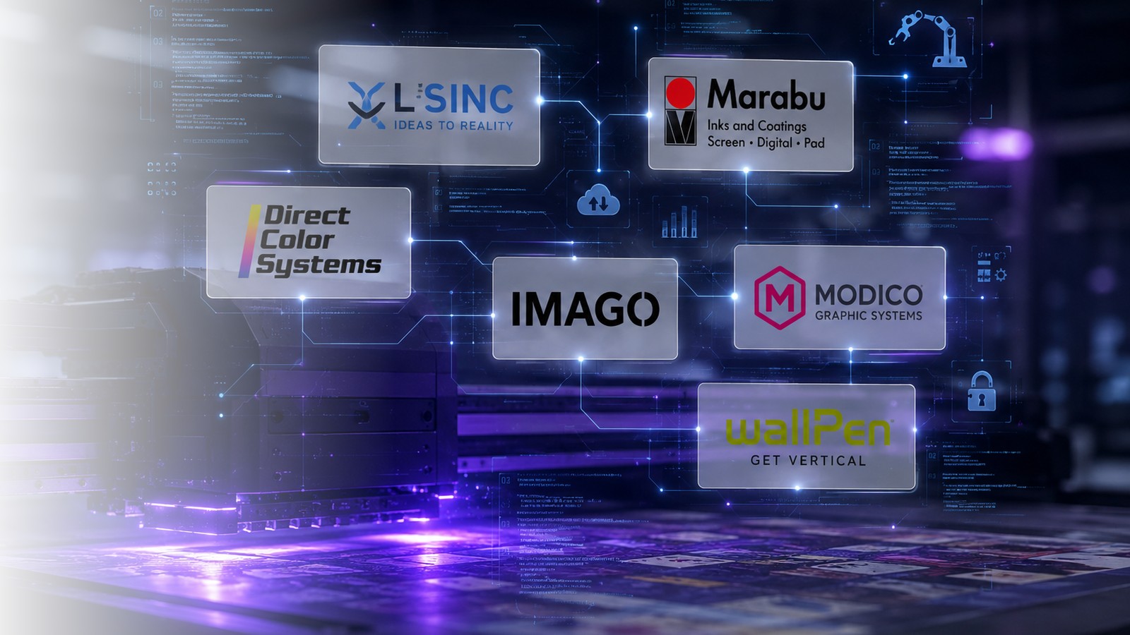 Digital Printing division brands supplied by PRO TECHnology in the UAE: LSINC, Marabu, Direct Color Systems, IMAGO, MODICO and wallPen, over a UV flatbed printer