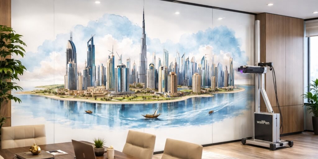 PRO TECHnology showcasing wallPen technology, printing directly on walls with high-resolution, durable UV prints for offices, retail, homes, and commercial spaces across UAE and GCC.