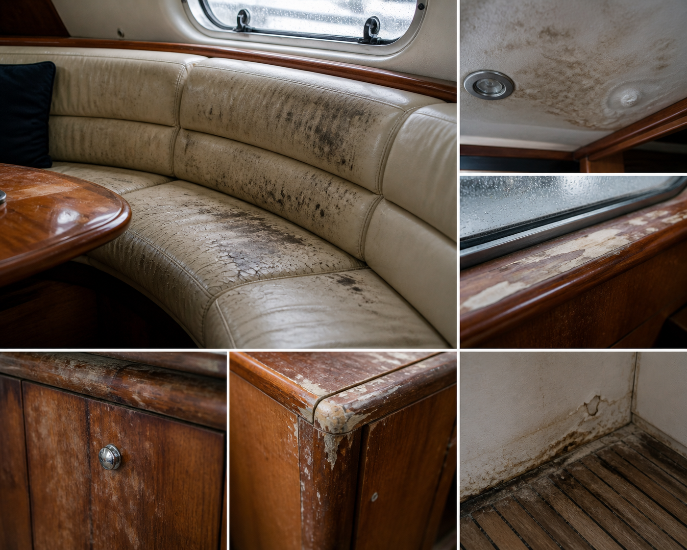 Leather and wood damage inside yacht from humidity